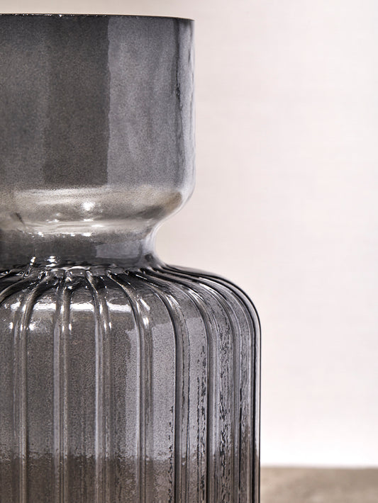 Grey Ribbed Glass Vase