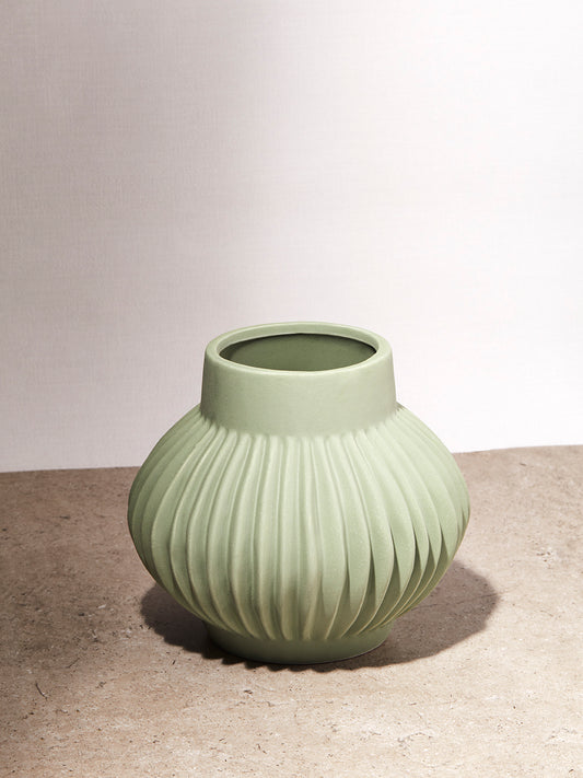 Stoneware Ribbed Vase Green